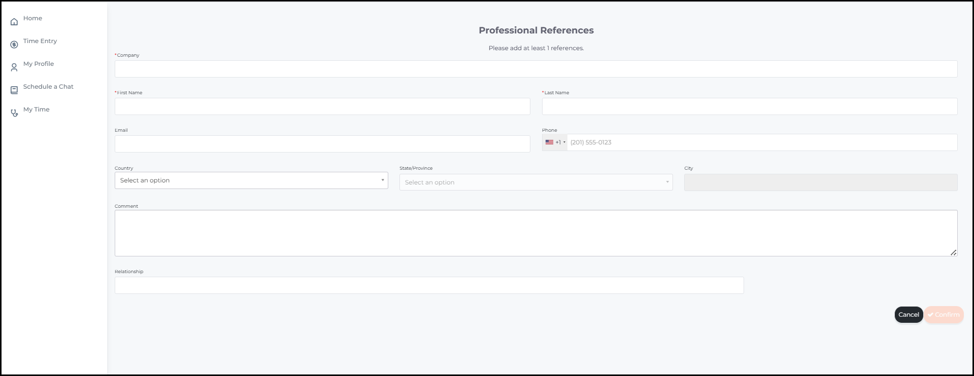 The old Professional References section showing a Name and Company table with text-based Edit and Delete links per row.